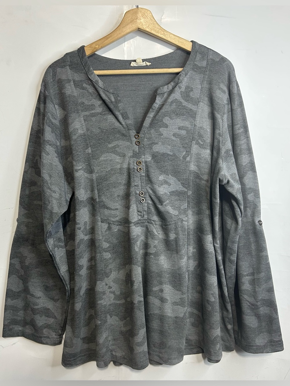 Jane and Delancey Grey Camouflage Half Button Long Sleeve T-Shirt 2X